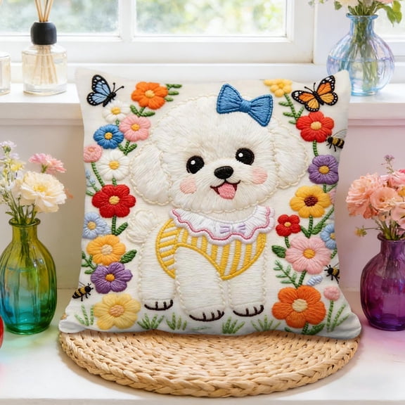 Simulated Cute Embroidery Animals Pillow Cover Cute Imitation Embroidery Sofa Cushion Cover Festival Decoration Pillowcase,18"