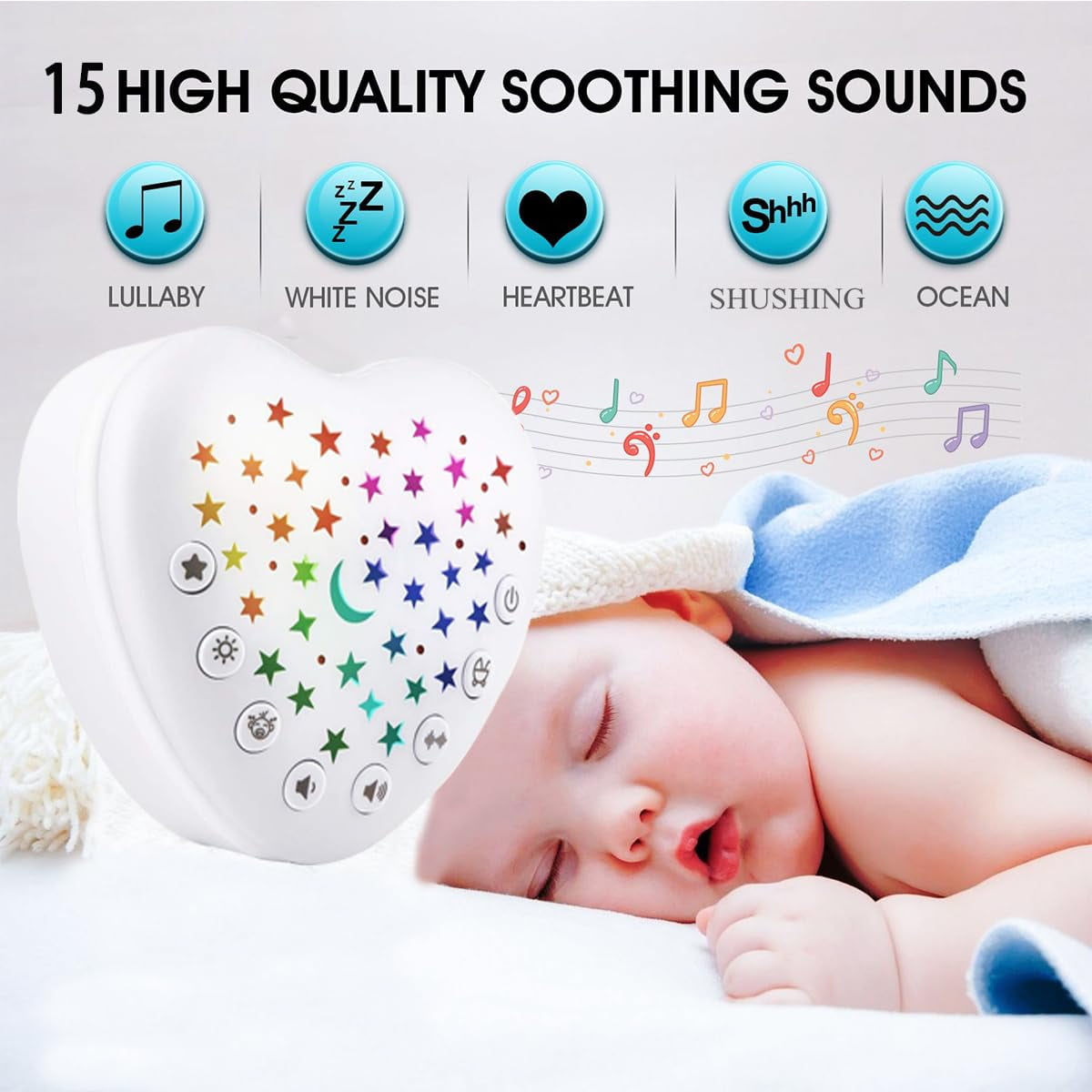 A13 White Noise Machine & Baby Sleep Soother with 15 Soothing Sounds & Projector Night Light Music Box, Cry Sensor, Rechargeable, Portable for Newborns, Toddlers, Attaches to Crib