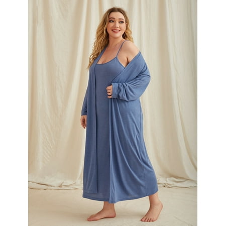 

Casual Women s Plus Solid Open Front Robe Cami Dress PJ Set Blue 0XL(12) for Summer F220102Y