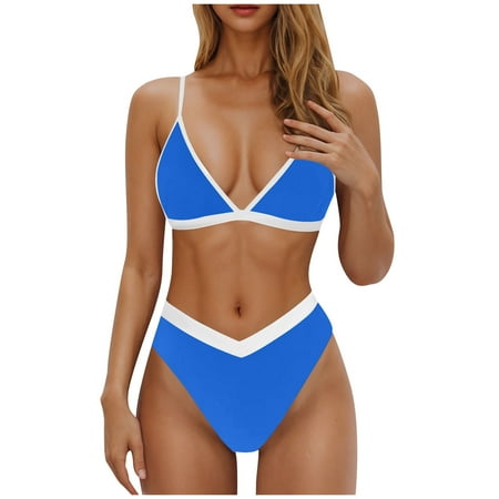 Atogsazn Women s Color Block Bikini Set Casual V Neck Two Piece Swimsuit Summer Bathing Suit Beach Swimwear Clothes 02-Blue L on Clearance