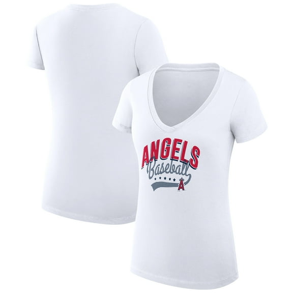 Women's G-III 4Her by Carl Banks White Los Angeles Angels Super-Slim Fit Lightweight Filigree Team V-Neck T-Shirt