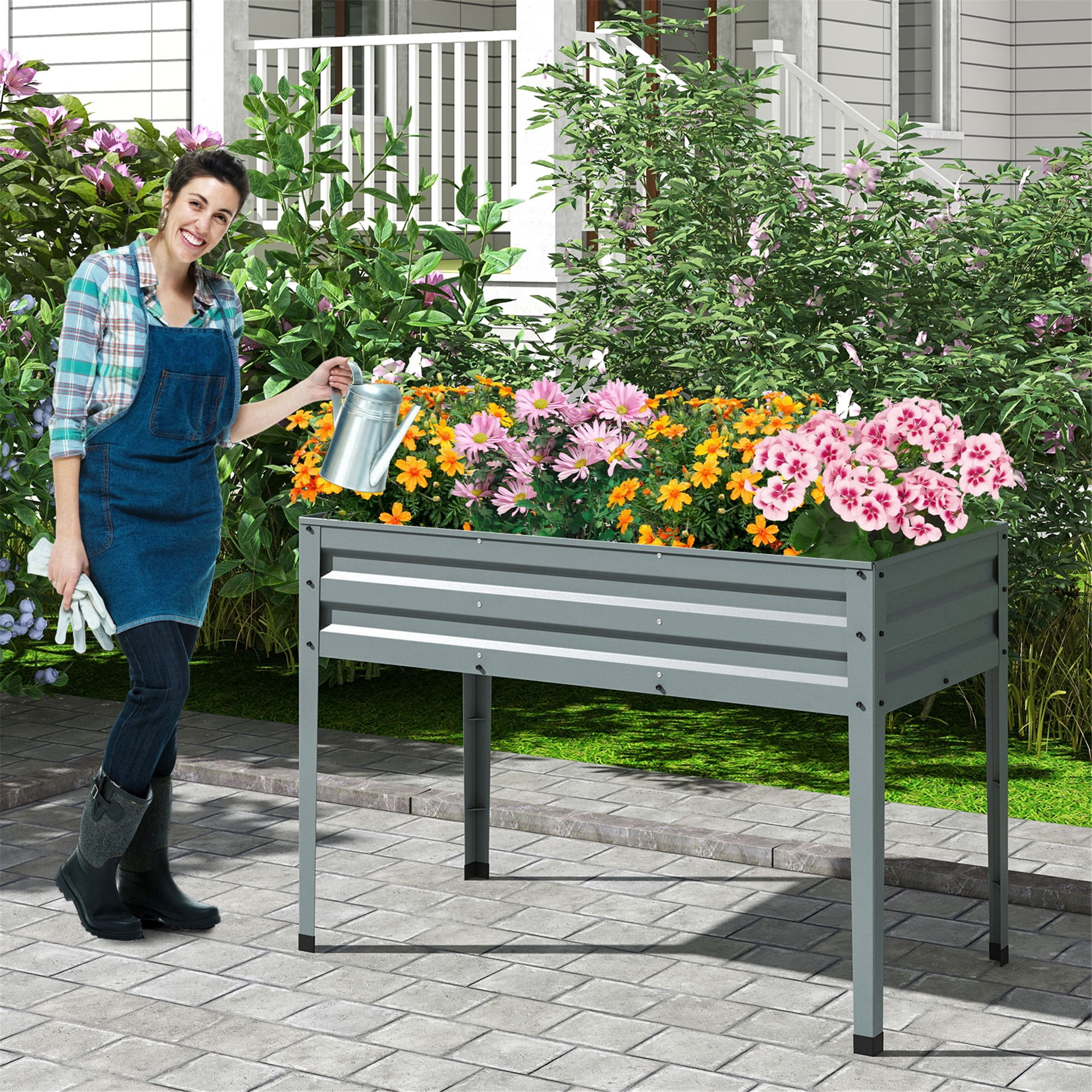 Gymax 46'' x 24'' x 32'' Galvanized Raised Garden Bed w/ Legs Drainage Holes for Flowers Grey