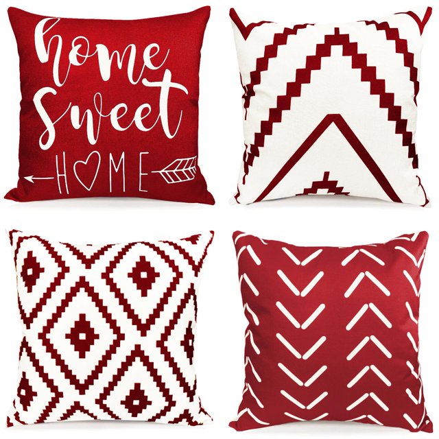 Fundas de almohada decorativas de 16.0 x 16.0 in, color rojo vino, fundas de almohada para sofá, sala de estar, dormitorio, granja al aire libre, funda de almohada moderna geométrica de lino cuadrada,