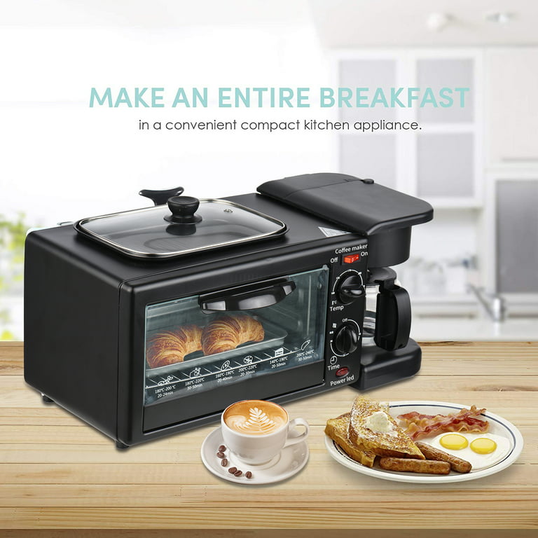 CACAGOO Breakfast Machine Household 3-in-1 Family Size Electric Breakfast  Station, Non Stick Die Cast Grill/Griddle, Toaster Oven, Coffee Maker 