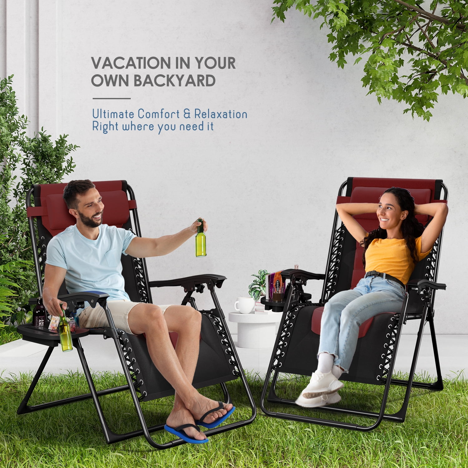 LammaLoe Padded Zero Gravity Chair set of 2, Oversized, Lounge Chair Outdoor, with Adjustable Headrest and Side Tray, 330 lbs Capacity – Black/Burgendy