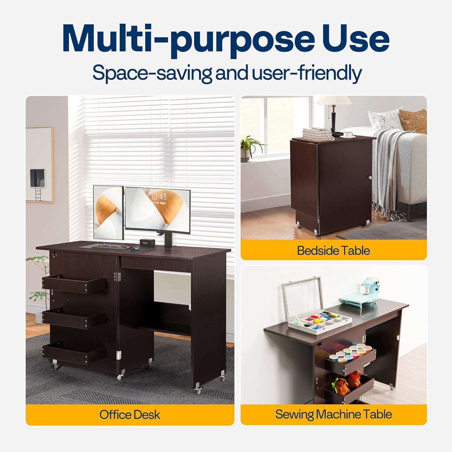 SPECSTAR Folding Sewing Craft Table, Rolling Sewing Machine Desk with Storage Shelves, Sewing Cabinet with Lift for Small Spaces, Dark Brown