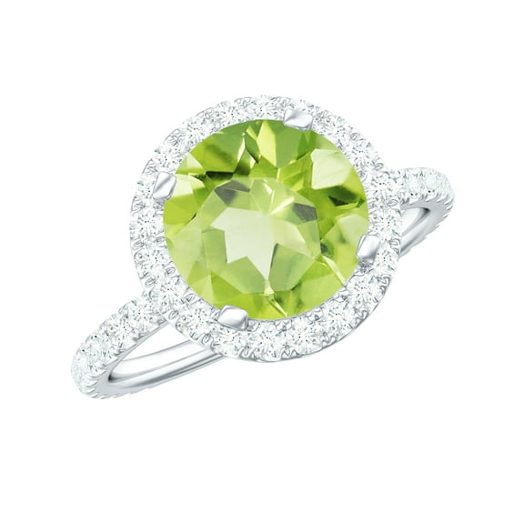 Rosec Jewels Natural Peridot Engagement Ring with Moissanite Halo - Real Peridot Ring for Women (8 mm - 2 Carat - AAA Quality), 925 Sterling Silver, US 4.00