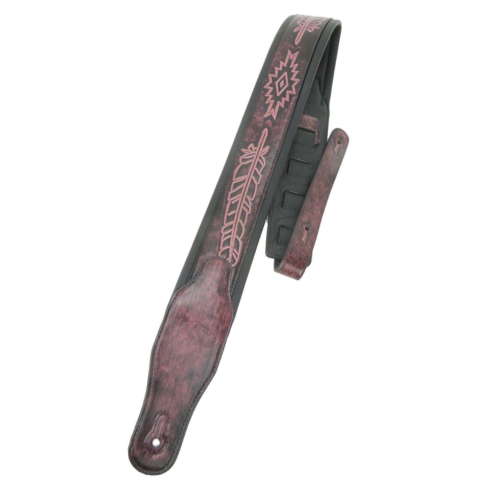 Walker & Williams GB-134 Oxblood Brown Leather Feather Design Padded Guitar Strap