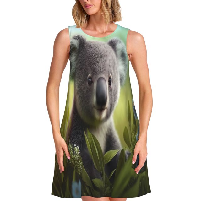 KLL Daisy Koala Pattern Womens Summer Dresses 2025,Loose Round Neck Sleeveless Sundresses Tank Dresses with Pockets