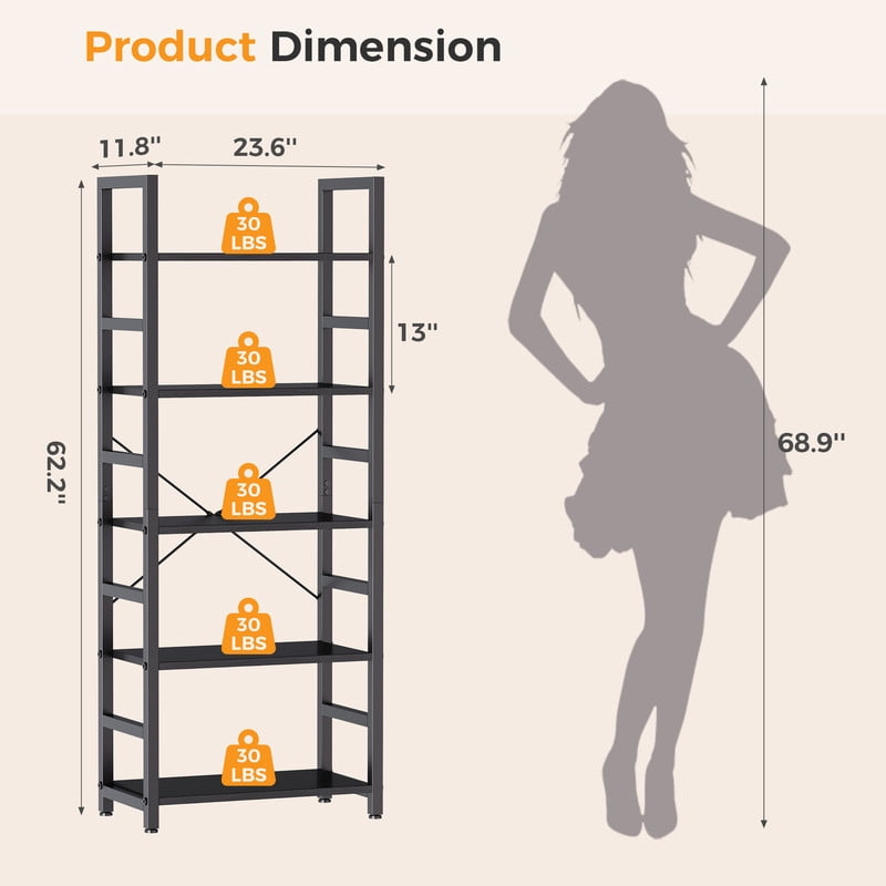 Gianna 5 Tier Bookshelf, Free Standing Shelf, Bookcase Shelf Storage Organizer, Industrial Book Shelves for Home Office, Living Room, Kitchen, Black