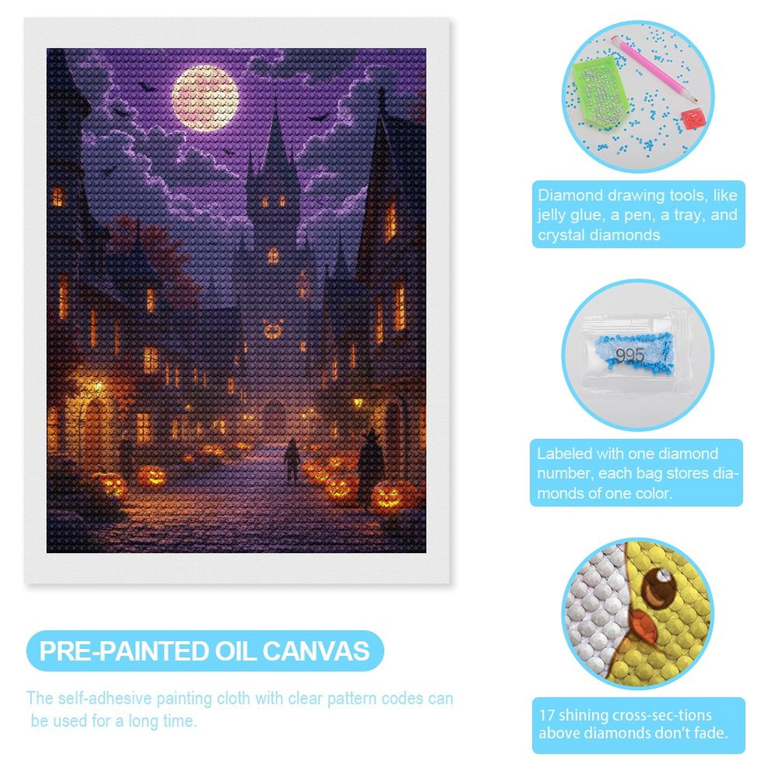 Diamond Art Kits for Adults, Spooky Night Town Halloween Scene 5D Diamond Painting Kits for Adults Beginners, DIY Full Drill Diamond Painting, Gem Art and Crafts 12x16