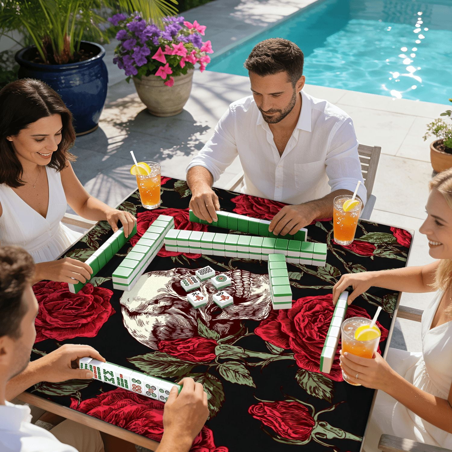 Mahjong Mat 31.5" x 31.5" Seamless skull red roses stems leaves Non-Slip Noise Reduction American Mahjong Tiles Table Cover for Dominoes Poker Card Board Games Gift