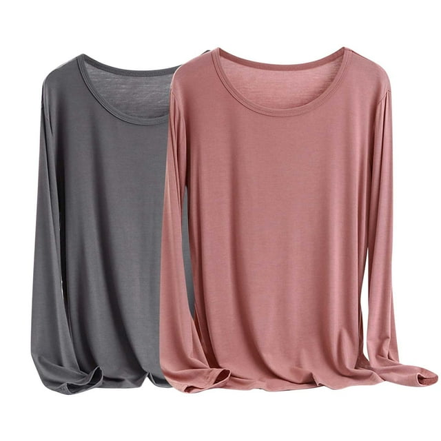 Timegard Plus Size Tops for Women 2pc Round Neck Lightweight Comfy Solid Color Loungewear Long Sleeve Top