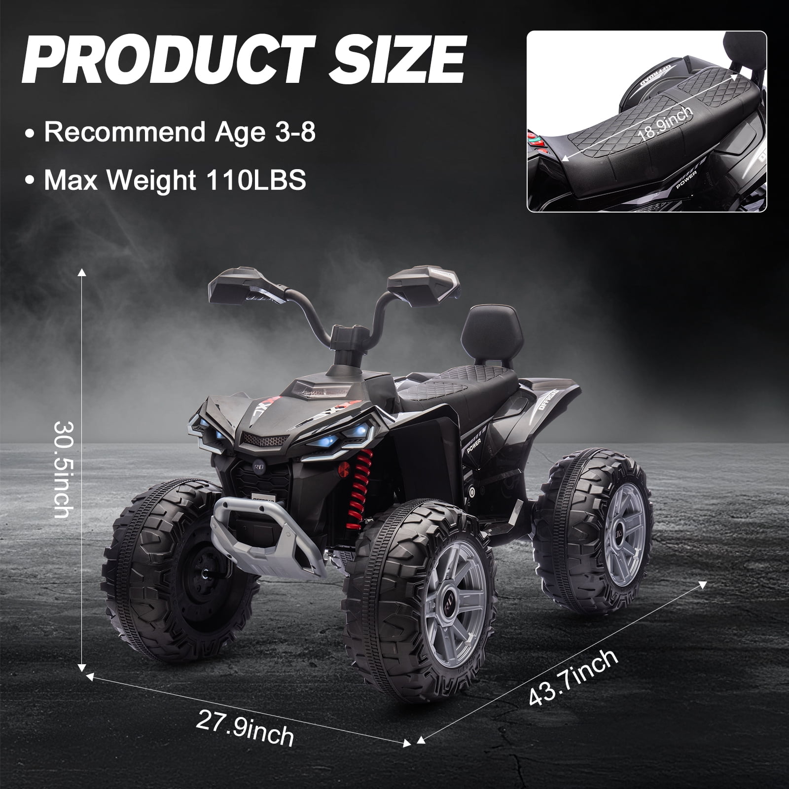 MUKIDY 24V Kids ATV 4-Wheeler, 24 Volt Ride on Toy for 3-8 Kid w/ 2x200W Motor, 5Mph Max Speed - Black