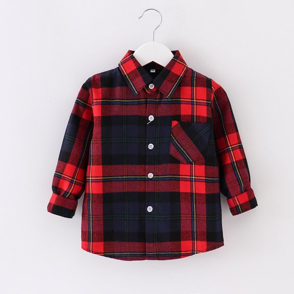 Boys Shirts Long Sleeve Lapel Collar Plaid Print Button Down Tops Regular Fit Versatile Casual Kids Shirts Size 18-24M