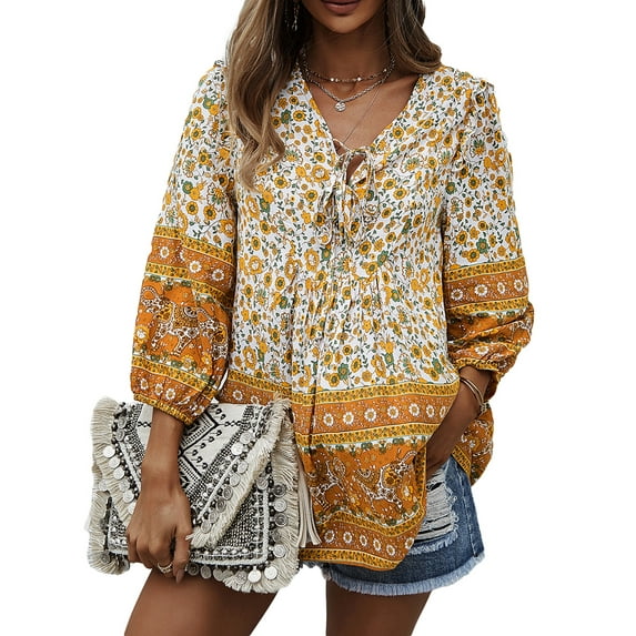 Liacowi Women Spring Blouse, 3/4 Sleeve Flowers Elephant Tie-Up V-Neck Bohemian Shirt, Ladies Loose Fall Pullover Style Tops