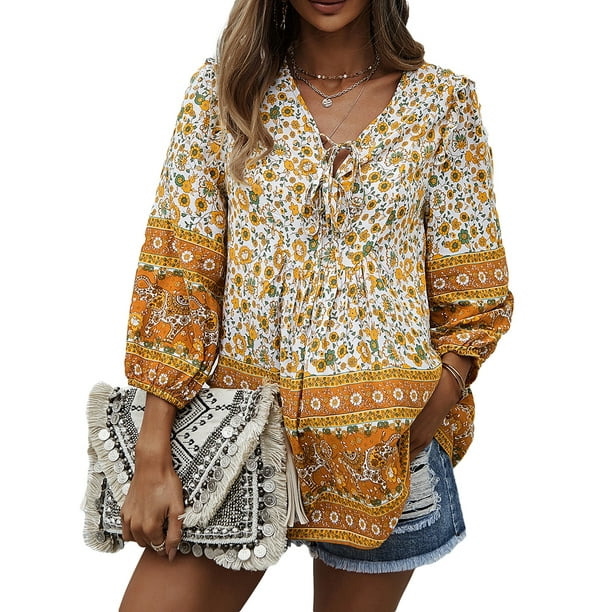 Sunloudy Blusa de primavera para mujer, camisa bohemia con cuello en V y flores de manga 3/4 con cuello en V, blusas sueltas estilo suéter de otoño para mujer Sunloudy moda