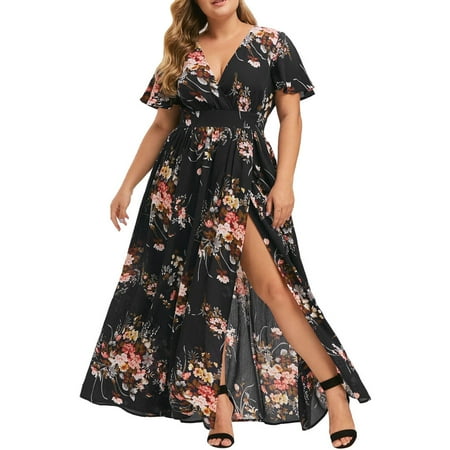

Maxi Dress for Women Plus Size Deep V-neck Slit Dress Empire Waist Short Sleeve Flowy Evening Party Formal Dresses