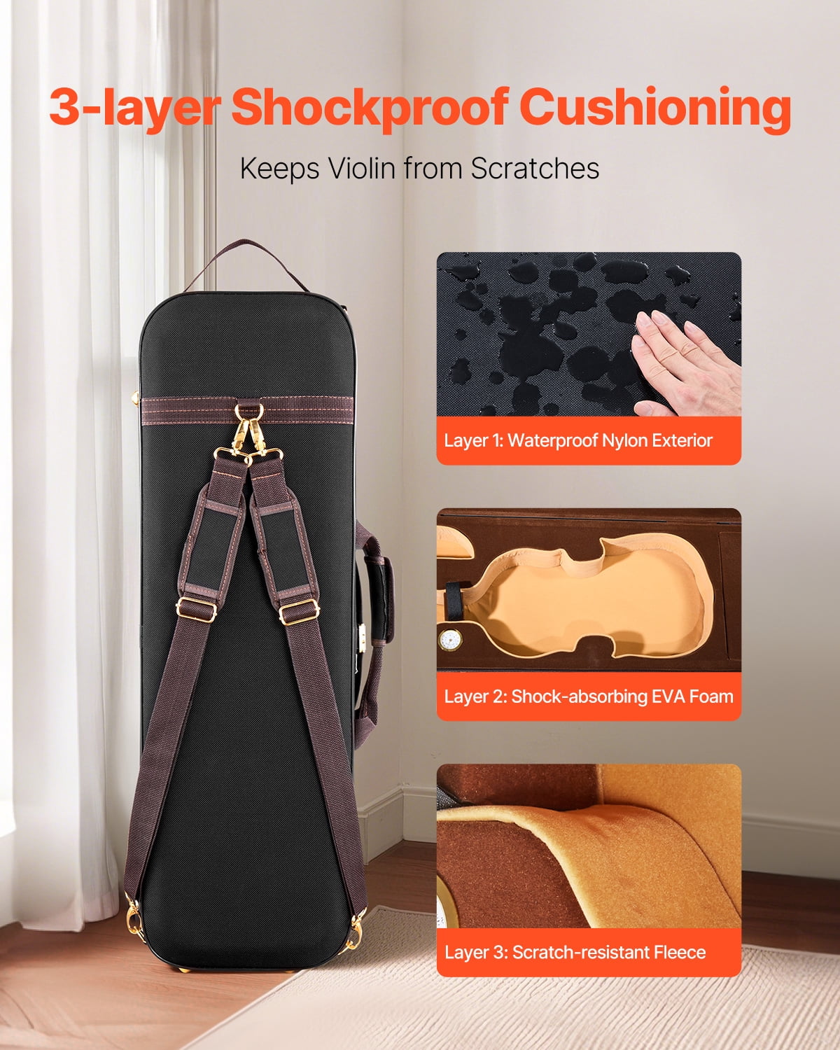 VEVOR 4/4 Full Size Violin Case, Built-in Hygrometer, Lightweight Portable Travel Carrying Bag, with Plush Lining, Shoulder Straps, Anti-Scratch, Professional Oblong Shape, for Violin, Black