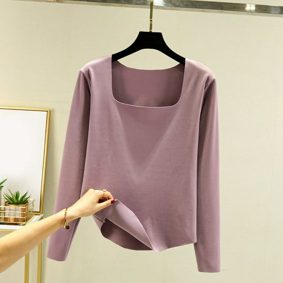 Women Autumn/Winter Solid Color Body Fit Square Neck Long Sleeve Thermal Top Men's Thermals Warm Tops Boys Thermal Long Sleeve Shirts Weather Shirt Ladies Thermal Tops V Neck Thermal Base Layer Men