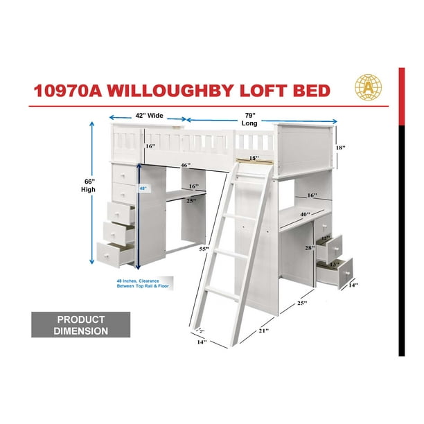 ACME Willoughby Twin Loft Bed in White Pine Solid Wood