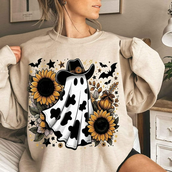 Cute Cowprint Ghost Shirt, Funny Boojee Halloween Sweatshirt, Western Spooky Season T-Shirt, Snarky Trendy Ghost Graphic Halloween Shirt