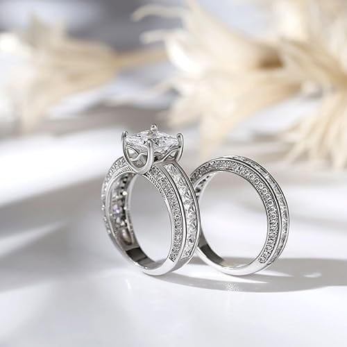 Dazzlingdaimonds Jewels 925 Sterling Silver 2.30 Ct Princess Cut White Diamond Wedding Engagement Thanksgiving Christmas Bridal Ring Set 14K White Gold Plated For Women's -9.5