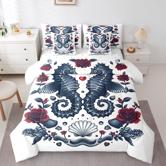 YST Cartoon Seahorse 7pcs Coastal Beach Bedding Set, Twin Size Comforter Set, Wild Sea Horse Animal Bed Set