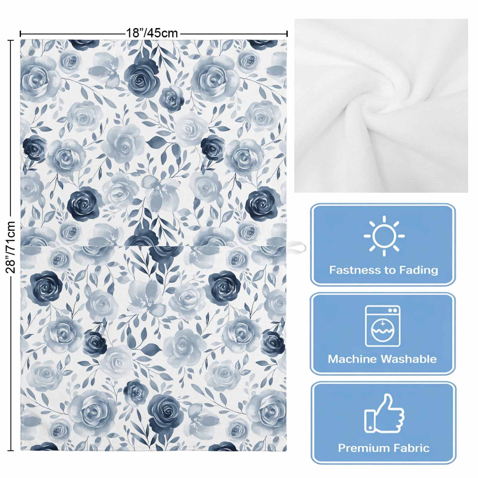 Blue Flowers Kitchen Towels Set of 2, Water Absorbent Dish Towel, Watercolor Rustic Retro Floral Leaf Vines Decorative Hand Towels - Quick Drying Cloth for Cooking Baking, 18x28 Inch