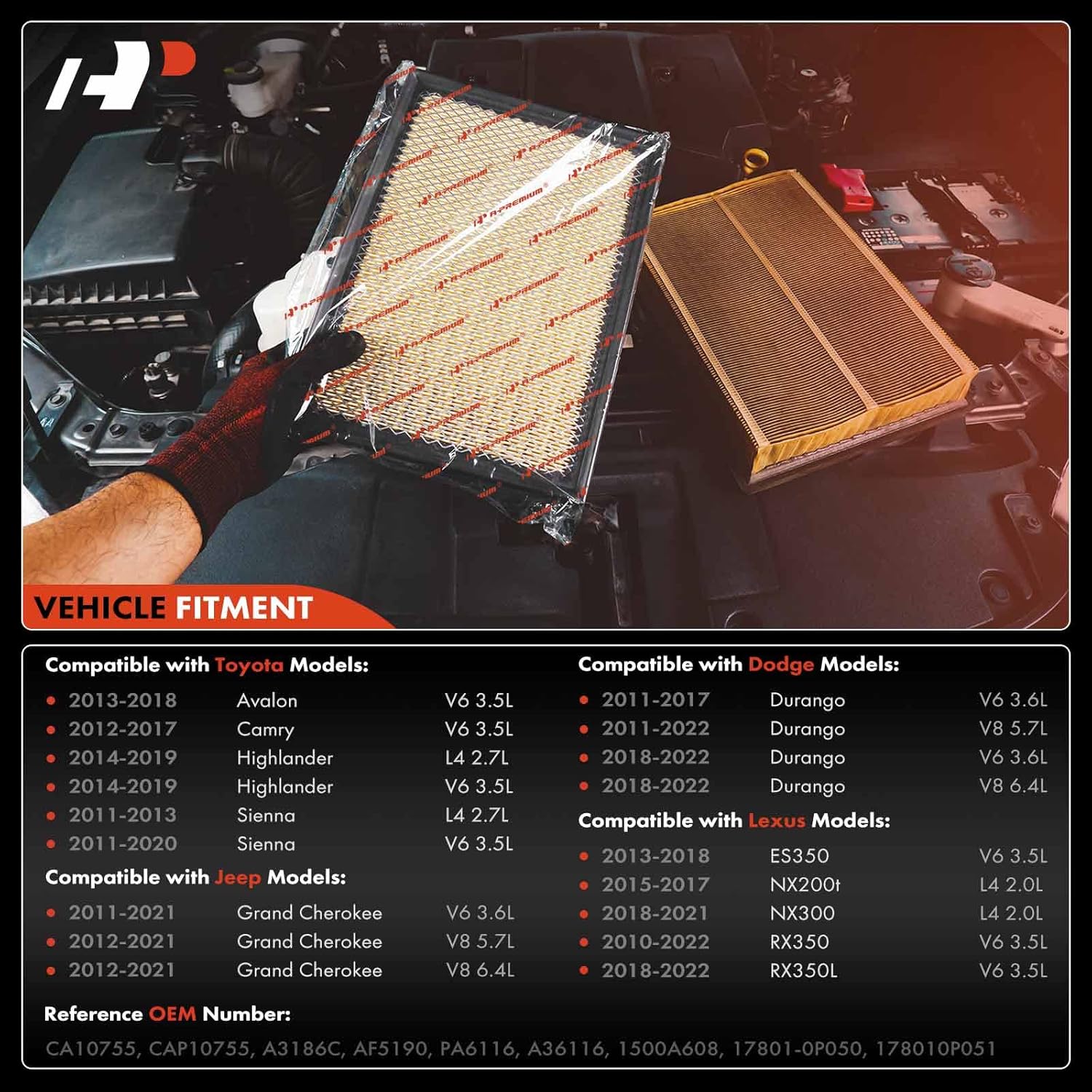 A-Premium 2-PC Engine Air Filter Compatible with Toyota, Dodge, Jeep & Lexus Models - Camry, Highlander, Avalon, Sienna, Durango, Grand Cherokee, ES350, NX300, RX350 - Replace# 17801-0P050
