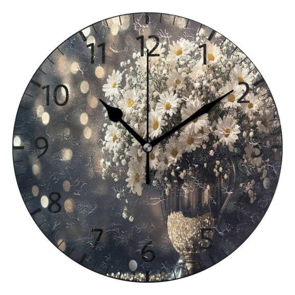 YAZAOO Decorative Wall Clock Size：25cm Bouquet Of Daisies in Vase Design Pattern Clock