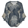 thumbnail image 5 of Elegant Gold Leaf Navy Pattern Women's V-Neck Blouse With 3/4 Ruffled Bell Sleeves Casual Top Ladies Blouses, 5 of 7