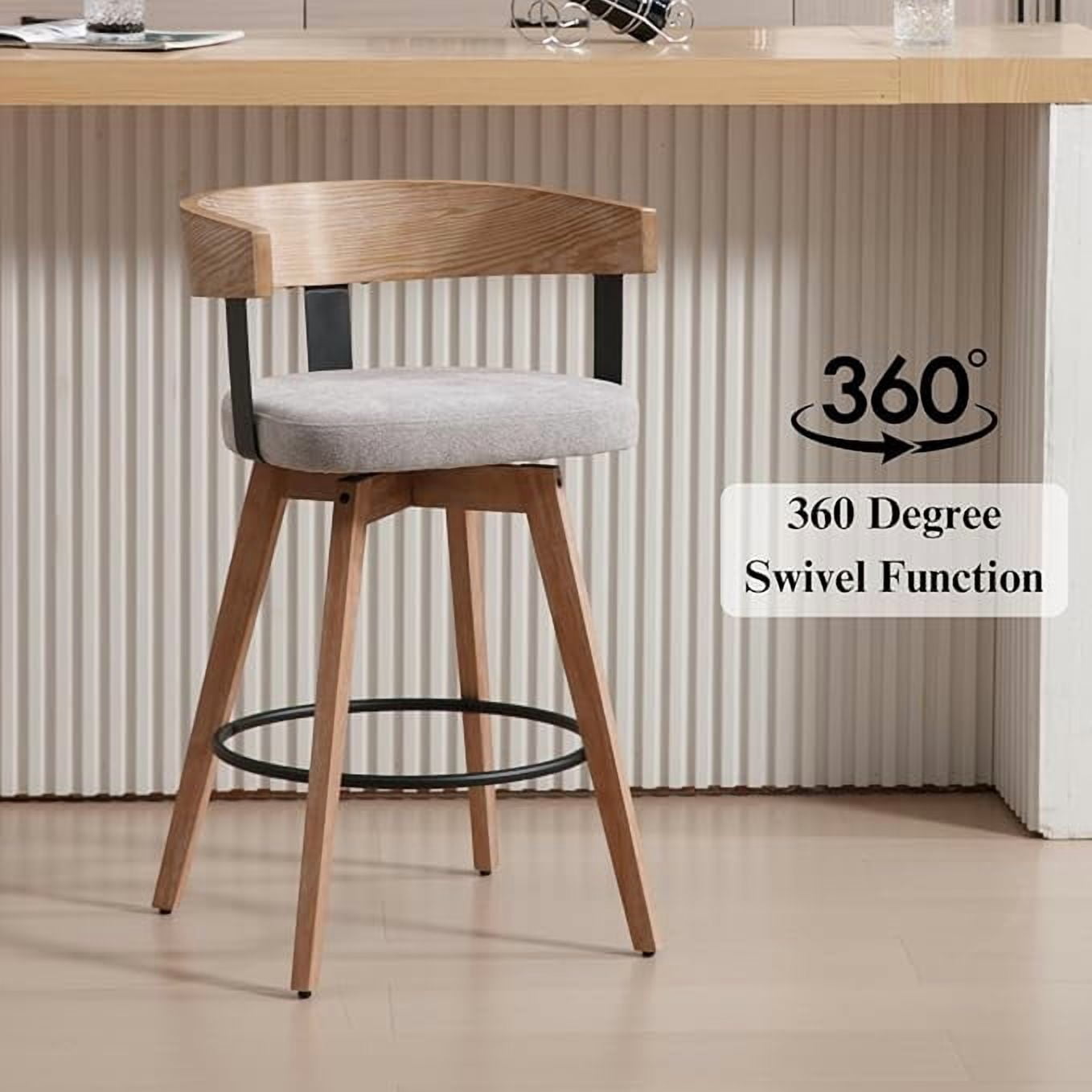 Guyou Modern Linen Upholstered 360-Degree Swivel Bar Stool Set of 1,26" Counter Height with Footrest & Backrest,Ideal for Kitchen Island & Home Bar, Grey