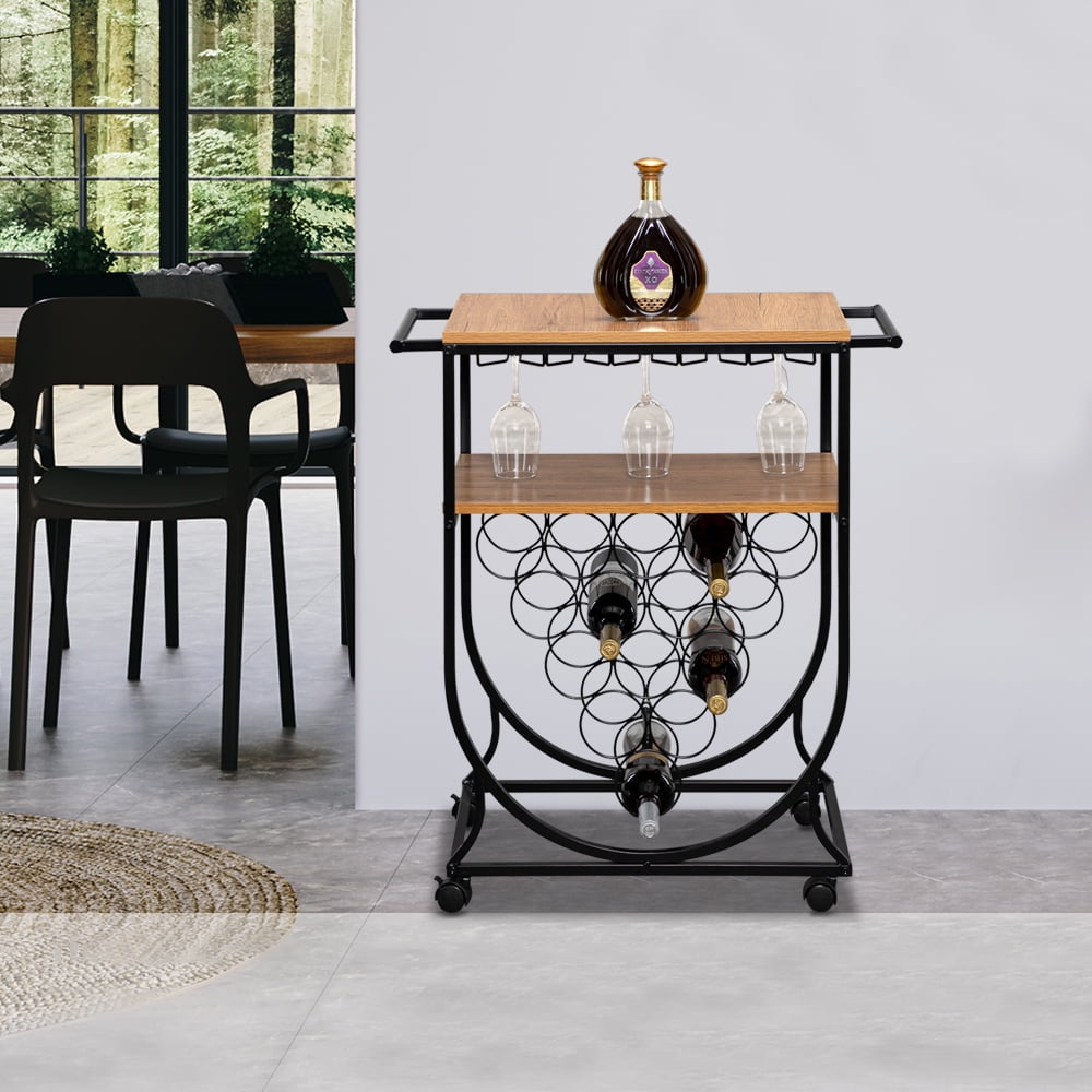 Moveable Wine Rack Dining Cart, 2-layer Rolling Bar Serving Cart with 2 ...