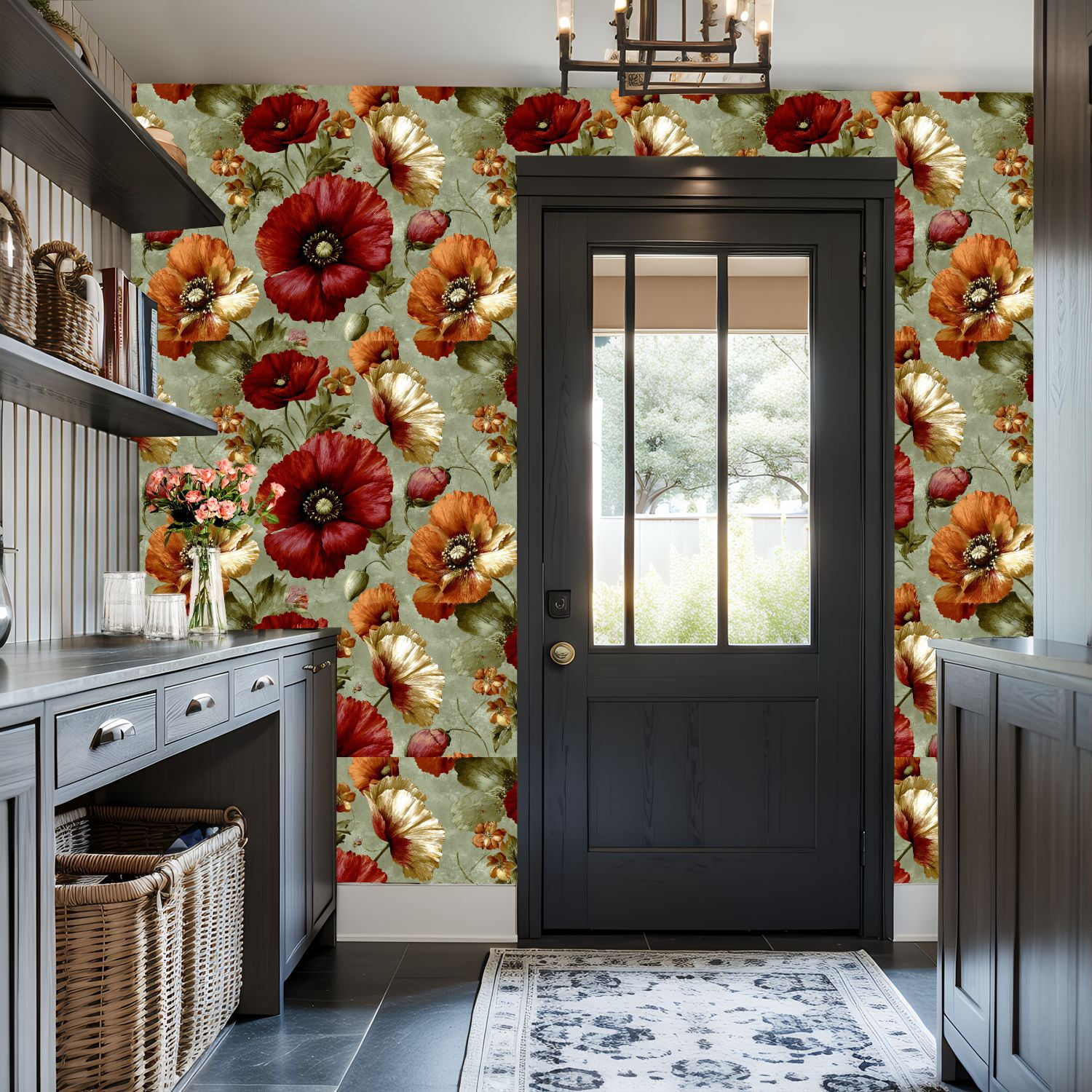 Vintage Peel and Stick Wallpaper Vintage Botanical Print Red Orange Cream Poppies Bloom Wall Mural 17.7in x 9.8ft Self Adhesive Removable Wall Paper Floral Contact Paper for Nursery Bedroom Cabinets