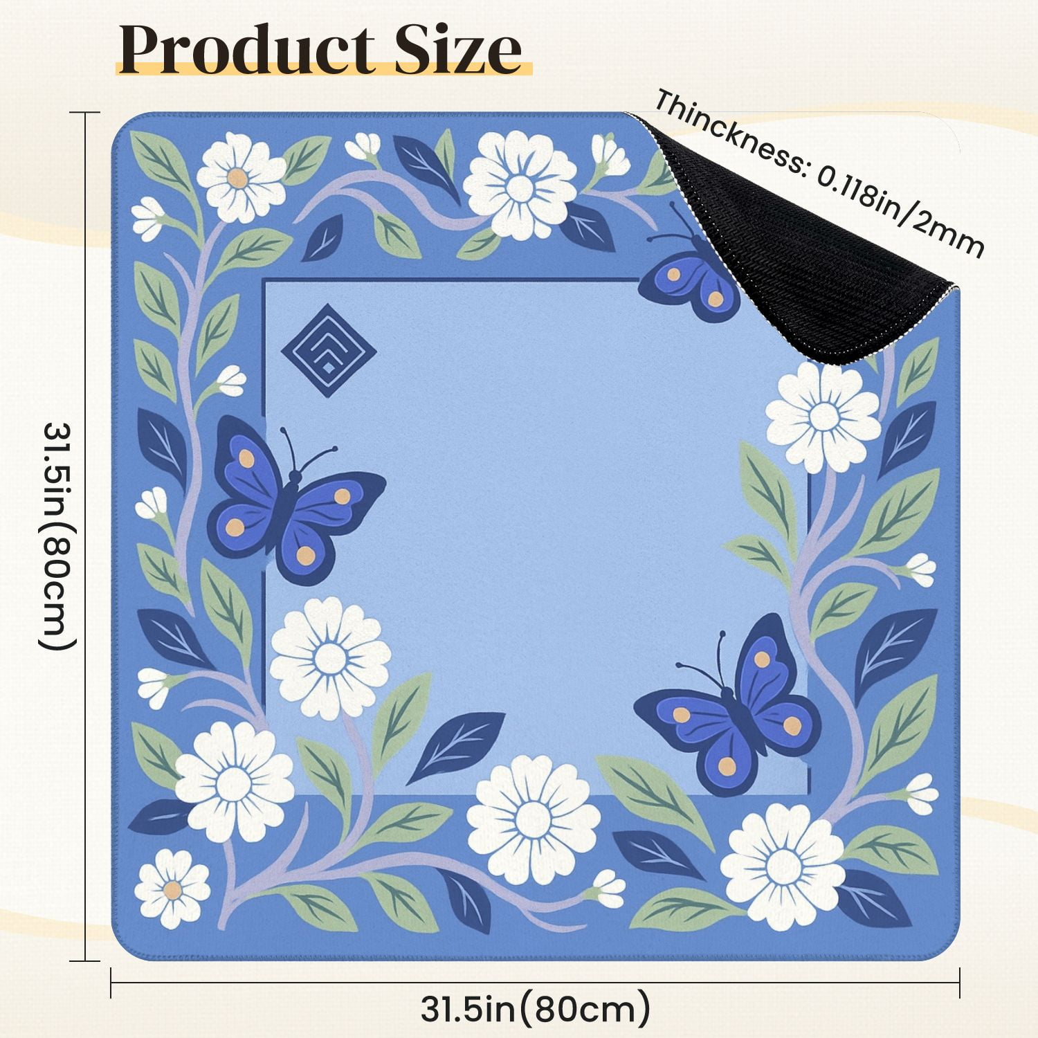 Mahjong Mat 31.5" x 31.5" Blue Floral Butterflies Green Leaves Anti-Slip and Noise Reduction Symmetry Design Mahjong Tiles Table Cover for Dominoes Poker Card Board and Tile Games