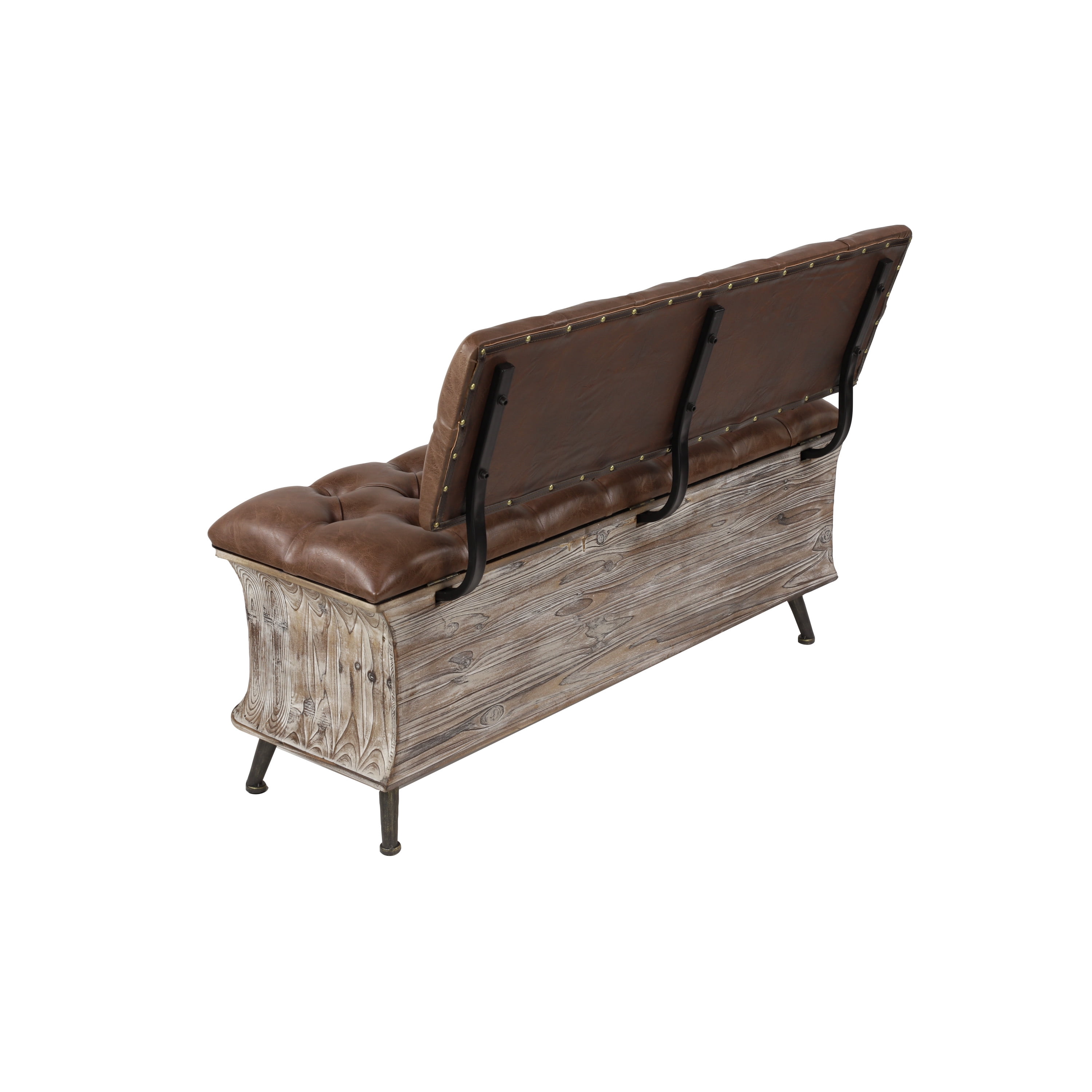 DecMode Wood Storage Bench with Tufted Faux Leather Seat and Back, Brown