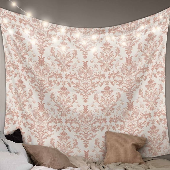 Pink Flowers Tapestry for Bedroom Wall Hanging Tapestry, Baroque Scroll Floral Damask Pattern Art Ceiling Backdrop Tapestries Poster Blanket Wall Decor for Teens Room Living Room Dorm 59" x 90"