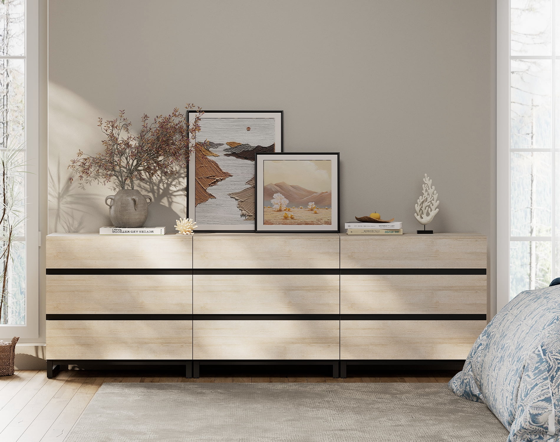 WAMPAT 3-Piece Bedroom Furniture Set, 94.5" Dresser & Chest with 6 Drawers, 2 Nightstands with 2 Drawers, Wooden Side Tables for Bedroom, Beige