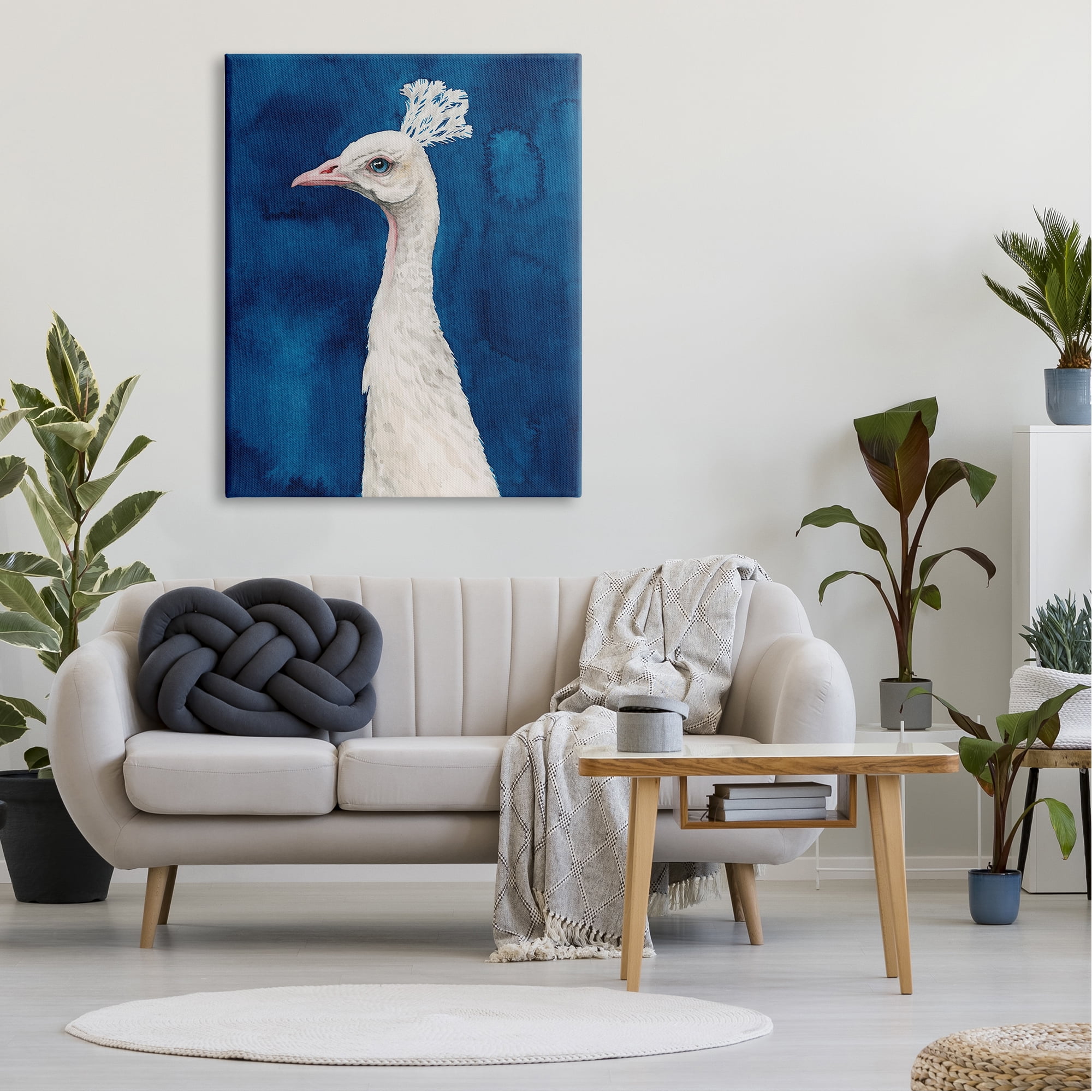 Stupell Industries Gorgeous Royal Blue White Feathers Peacock Portrait Paintings Gallery-Wrapped Canvas Print Wall Art, 36x48, by Grace Popp