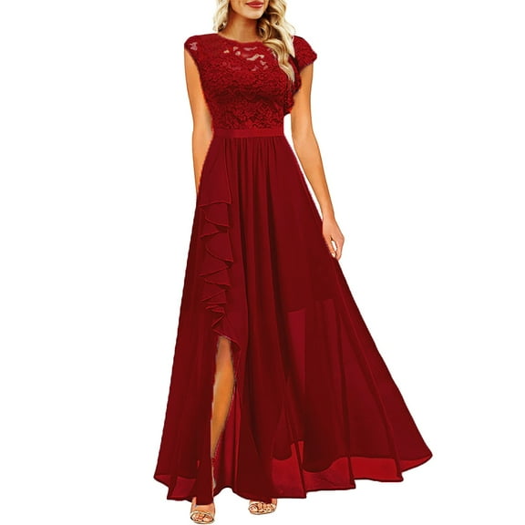 Sngxgn Women's Long Sleeve Dress with Slit Elegant Long Neck High Waist A-Line Midi Dress(Red,S)