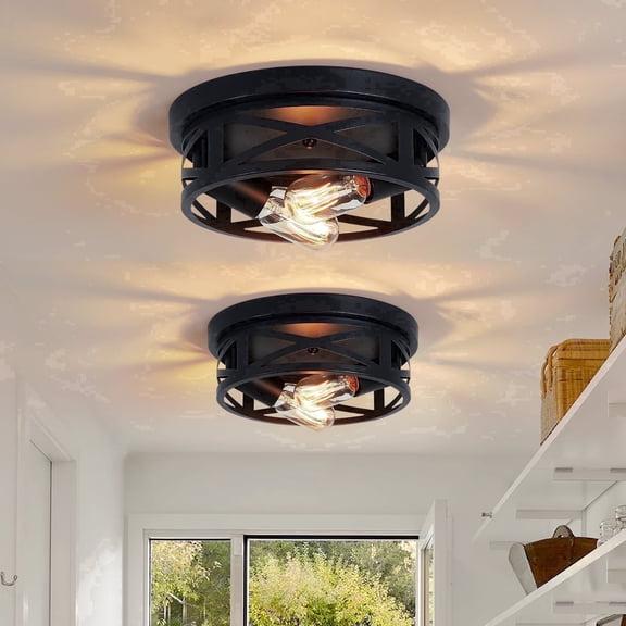 GCGAFUL 10.8" Farmhouse Flush Mount Ceiling Light 2 Pack, 2-Light Vintage Round Black Ceiling Fixture for Kitchen, Bedroom Hallway, Dining Room