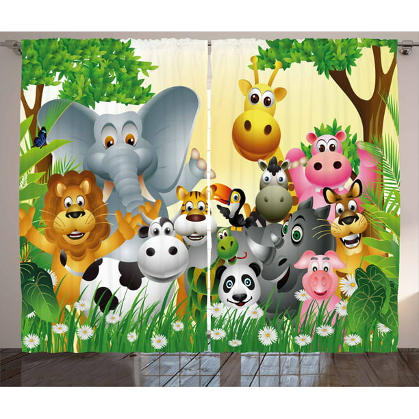 Kids Decor Curtains 2 Panels Set, Cute Animals in Jungle Elephant Giraffe  Panda Bear Pig Lion Hippo Rhino Cartoon, Window Drapes for Living Room  Bedroom, 108W X 90L Inches, Multicolor, by Ambesonne -