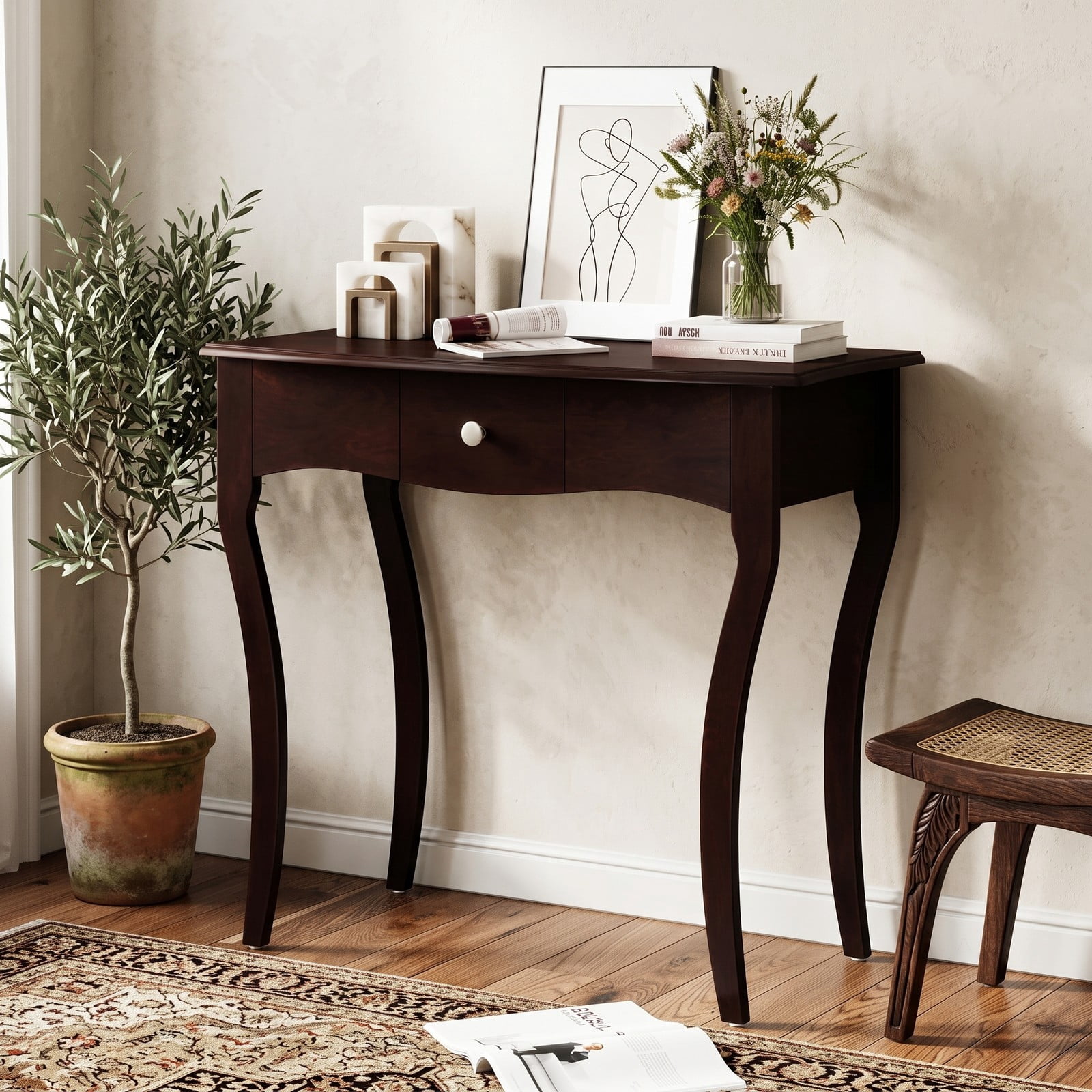 Furnibear Console Table with Storage Drawer and Solid Wood Frame and Curved Cabriole Legs for Entryway and Hallway, Espresso
