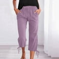 thumbnail image 4 of Women's Solid Color Drawstring Cropped Linen Pants - Casual Capri Trousers, Breathable Polyester Blend, 4 of 6