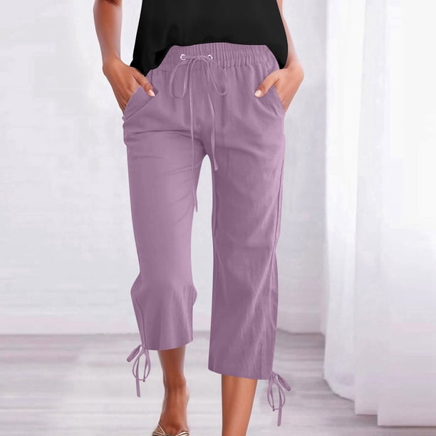 WILLBEST Pantalones Capri Casuales de Lino con Cordón Ajustable para Mujer, de Color Liso, Cómodos para Uso Diario. Extra Grande