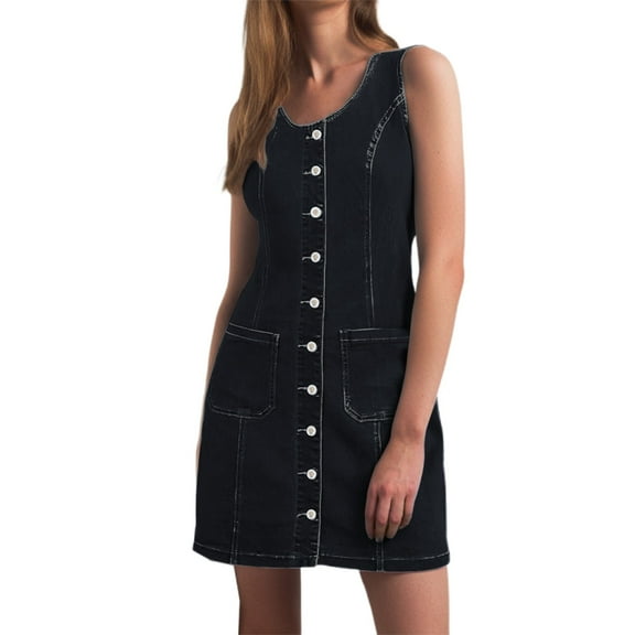 Women's Plus Size Denim Dress Sleeveless Button Down Casual Summer Jean Mini Dress with Patch Pockets Trendy Western Style