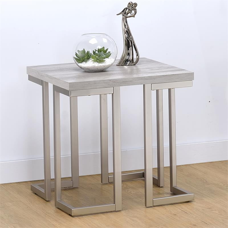 David Driftwood Gray Top with Metal Pewter color Base End Table