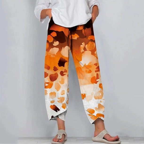 ICHUANYI Clearance Women's Casual Pocket Slim High Elastic Waist Print Sports Cotton And Linen Pants(Orange, S) ICHUANYI WER2023081207035