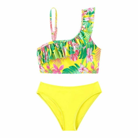 Toimothcn Girl s Bathing Suit One Shoulder Casual Floral Printed 2 Piece Bikini Set Quickly Dry Cover Up Swimwear 11-12 Years
